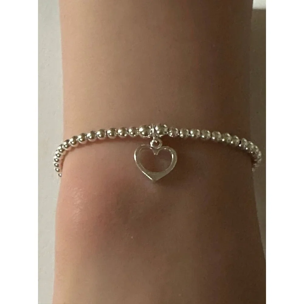 925 Sterling Silver Beaded Stretch Stacking Bracelet Heart Charm Minimalist S7" - Picture 1 of 5